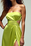 Lemon Green Hollow Out A Line Strapless Long Formal Dress with Slit