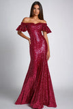 Burgundy Off The Shoulder Sequins Mermaid Long Formal Dress
