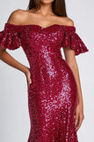 Burgundy Off The Shoulder Sequins Mermaid Long Formal Dress