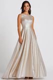 Glitter Champagne A Line Boat Neck Long Formal Dress