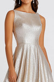 Glitter Champagne A Line Boat Neck Long Formal Dress