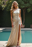 Champagne Sheath One Shoulder Ruched Long Formal Dress with Slit