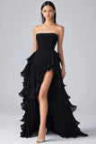 Black A Line Ruffles Chiffon Tiered Strapless Long Formal Dress with Slit
