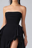 Black A Line Ruffles Chiffon Tiered Strapless Long Formal Dress with Slit
