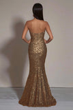 Sparkly Gold Sequins Strapless Mermaid Long Formal Dress with Slit