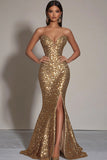 Sparkly Gold Sequins Strapless Mermaid Long Formal Dress with Slit