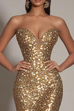 Sparkly Gold Sequins Strapless Mermaid Long Formal Dress with Slit