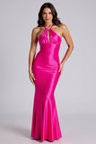 Halter Stretch Satin Fuchsia Sheath Long Formal Dress