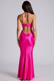 Halter Stretch Satin Fuchsia Sheath Long Formal Dress