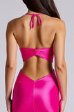 Halter Stretch Satin Fuchsia Sheath Long Formal Dress