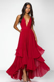 Red Deep V Neck Ruched Ruffles A Line Long Formal Dress