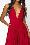 Red Deep V Neck Ruched Ruffles A Line Long Formal Dress