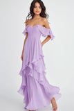 Ruffled Pleated Lilac Off the Shoulder A Line Long Formal Dress