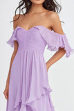 Ruffled Pleated Lilac Off the Shoulder A Line Long Formal Dress