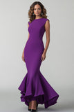 Plum Crepe Mermaid Round Neck Long Formal Dress