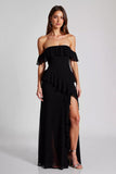Chiffon Off the Shoulder Black A Line Formal Dress with Slit