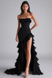 Black Mermaid Strapless Ruffled Long Formal Dress With Slit