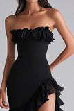 Black Mermaid Strapless Ruffled Long Formal Dress With Slit