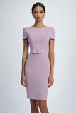 Lilac Sheath Cap Sleeves Midi Formal Dress with Belts