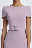 Lilac Sheath Cap Sleeves Midi Formal Dress with Belts