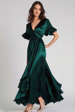 V Neck Dark Green A Line Ruffled Long Formal Dress