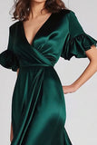 V Neck Dark Green A Line Ruffled Long Formal Dress