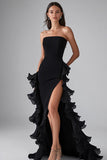 Elegant Black Ruffled Long Formal Dress With Slit