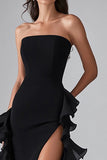 Elegant Black Ruffled Long Formal Dress With Slit