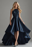 Asymmetrical Navy Satin Formal Dress with Ruffles