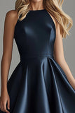 Asymmetrical Navy Satin Formal Dress with Ruffles