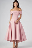 Off The Shoulder Pink A Line Satin Midi Formal Dress