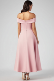 Off The Shoulder Pink A Line Satin Midi Formal Dress