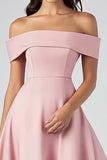 Off The Shoulder Pink A Line Satin Midi Formal Dress