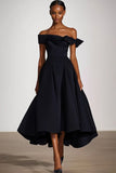 Off The Shoulder A Line Black Satin Midi Formal Dress