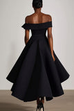 Off The Shoulder A Line Black Satin Midi Formal Dress
