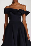Off The Shoulder A Line Black Satin Midi Formal Dress