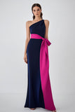 One Shoulder Navy Fuchsia Sheath Long Formal Dress with Belt