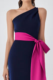 One Shoulder Navy Fuchsia Sheath Long Formal Dress with Belt