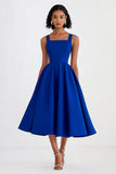 Royal Blue Square Neck Midi Formal Dress