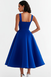 Royal Blue Square Neck Midi Formal Dress