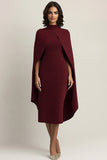 Burgundy Sheath Cape Midi Formal Dress