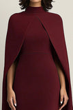 Burgundy Sheath Cape Midi Formal Dress