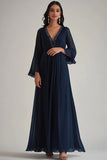 Navy A Line V Neck Chiffon Formal Dress with Long Sleeves