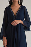 Navy A Line V Neck Chiffon Formal Dress with Long Sleeves