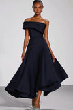 One Shoulder Navy Satin Midi Formal Dress
