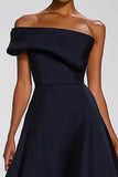 One Shoulder Navy Satin Midi Formal Dress