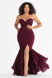 Burgundy Sweetheart Plus Size Mermaid Long Formal Dress with Slit