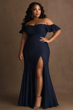 Navy Plus Size Off The Shoulder Long Formal Dress with Slit