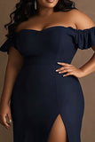 Navy Plus Size Off The Shoulder Long Formal Dress with Slit