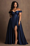 Plus Size Navy Satin Off The Shoulder Long Formal Dress with Slit